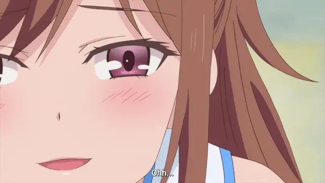 A blushing anime girl with brown hair and heavy-lidded eyes looks forward with an "Ohh..." subtitle. Screenshot from Overflow - Episode 5
