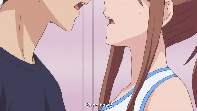 A close-up anime scene shows a man and a woman facing each other with open mouths and a subtitle that reads, "It's so hawt!". Screenshot from Overflow - Episode 5