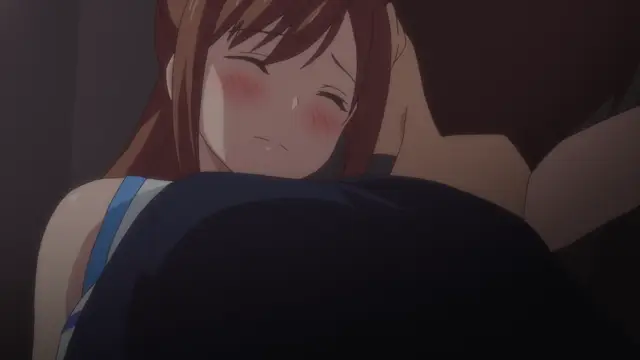 A blushing anime girl with brown hair and a blue strap top lies face down while being embraced or pressed against a dark-clothed male figure. Screenshot from Overflow - Episode 5