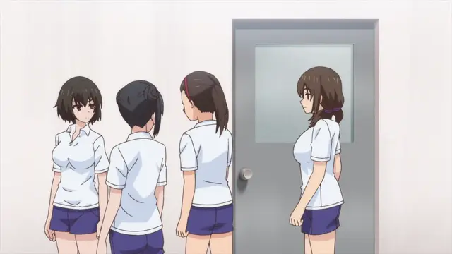 Four anime girls in school uniforms stand in a hallway, looking toward a closed door. Screenshot from Overflow - Episode 5