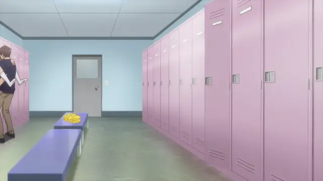 A male character stands in a locker room next to a pink row of lockers while a yellow bag of snacks sits on a blue bench. Screenshot from Overflow - Episode 5