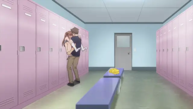 In a school locker room, a tall man with short hair and a dark blue shirt stands with his back against a locker, lifting a girl in a light pink top and skirt up against the lockers while they are engaged in sexual activity. Screenshot from Overflow - Episode 5