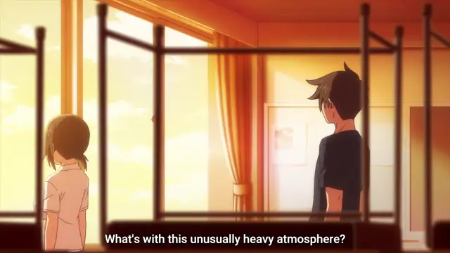 A girl in a white shirt and a boy in a dark shirt stand facing each other in a room with a large window, with the subtitle reading, "What's with this unusually heavy atmosphere?". Screenshot from Overflow - Episode 6