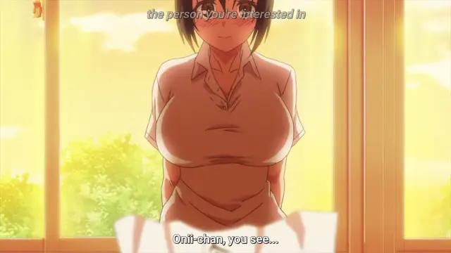 A blushing anime girl in a white short-sleeved blouse and a short skirt stands in front of a window, with subtitles reading "the person you're interested in" at the top and "Oni-chan, you see..." at the bottom. Screenshot from Overflow - Episode 6