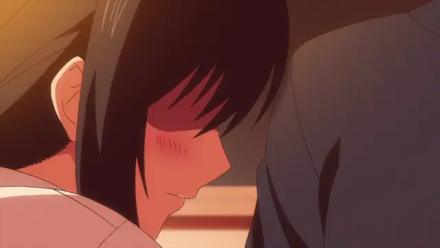 A blushing anime girl with long black hair leans her face forward towards a man in a suit. Screenshot from Overflow - Episode 6