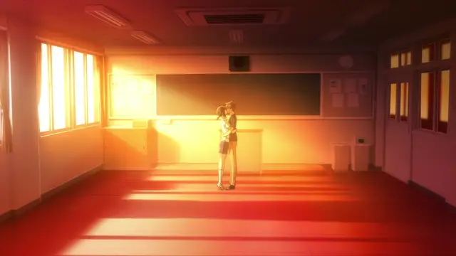 In a sun-drenched classroom, a girl in a school uniform is being seduced and fucked by a male student against a desk while the golden light pours in from the windows. Screenshot from Overflow - Episode 6