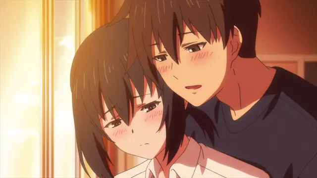 A high-school-aged girl with dark hair and a blushy face is held from behind by a young man with brown hair who leans in close to her face with a sly smirk. Screenshot from Overflow - Episode 6