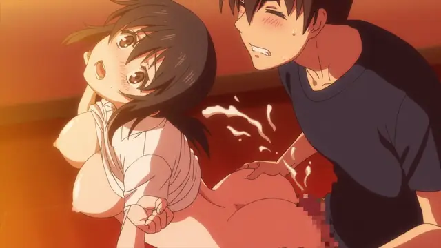 A young woman with long dark hair is lying face down on a surface, wearing a white kimono that is pulled down to reveal her large breasts and buttocks, while a young man leans over her and appears to be ejaculating onto her backside. Screenshot from Overflow - Episode 6