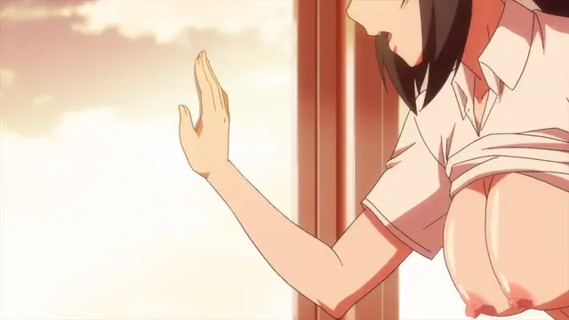 A girl with dark hair leans against a window frame with her hand pressed against the glass, her white shirt pulled open to reveal her large, erect breasts. Screenshot from Overflow - Episode 6