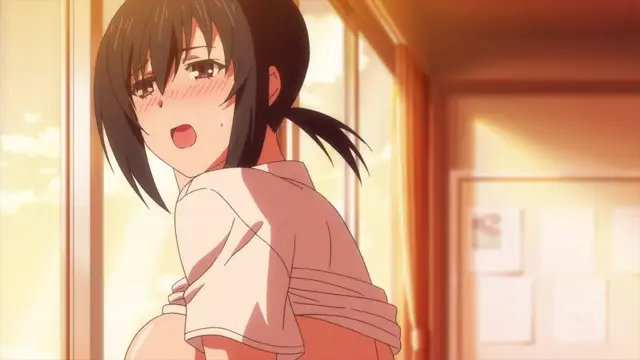 A blushing anime girl with black hair tied in twin tails looks surprised and aroused as she wears a white shirt pulled up to reveal her breasts. Screenshot from Overflow - Episode 6