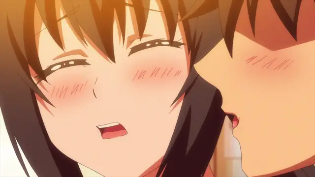 A blushing anime girl with long dark hair looks into the camera with an open mouth while a man's face is positioned close to her side. Screenshot from Overflow - Episode 6