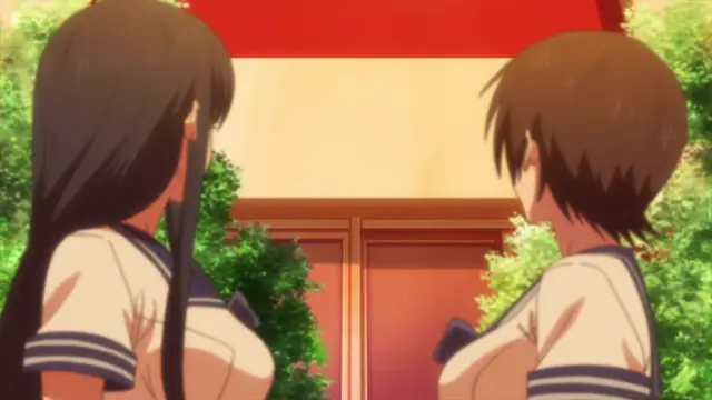 A high school girl with long black hair and a boy with short brown hair stand facing each other in front of a traditional Japanese gate, both wearing white and blue school uniforms. Screenshot from Overflow - Episode 6