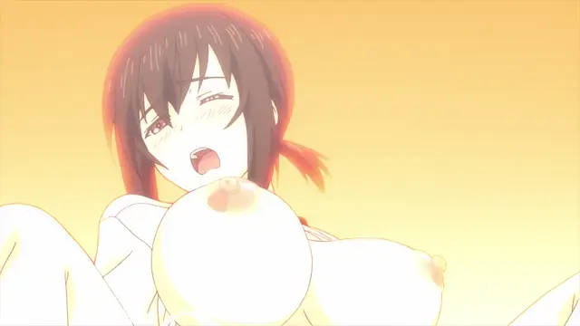 A close-up shot of a blushing anime girl with short brown hair and an open mouth, lying back against a yellow background with her large breasts prominently displayed in the foreground. Screenshot from Overflow - Episode 6