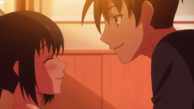 A blushing anime girl with short black hair looks up at a smiling, sweaty anime boy in a close-up shot. Screenshot from Overflow - Episode 6