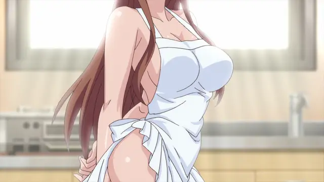 A brown-haired anime girl in a white sundress stands in a kitchen, her dress tied open at the side to reveal her breast and thigh. Screenshot from Overflow - Episode 7