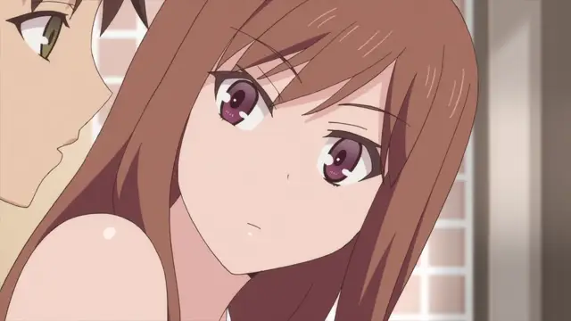 A brown-haired anime girl with wide, sparkling eyes and a blushing face looks up at a man whose profile is partially visible on the left. Screenshot from Overflow - Episode 7