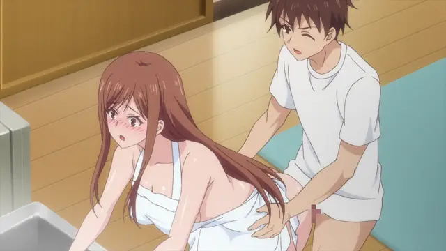 A blushing girl in a white towel sits on a bathroom floor while a boy in a white t-shirt and shorts reaches out to touch her rear from behind. Screenshot from Overflow - Episode 7