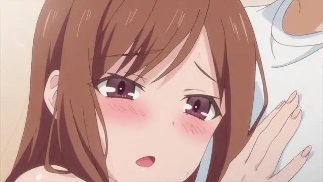 A close-up shot of an anime girl with brown hair and blushing cheeks looking overwhelmed or exhausted with a sweating face while lying on a white bed. Screenshot from Overflow - Episode 7