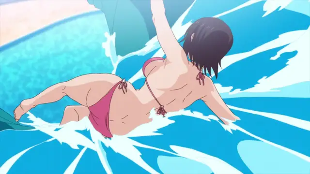 A girl with short black hair wearing a pink bikini is shown falling backward into a swimming pool with a large splash of water. Screenshot from Overflow - Episode 8