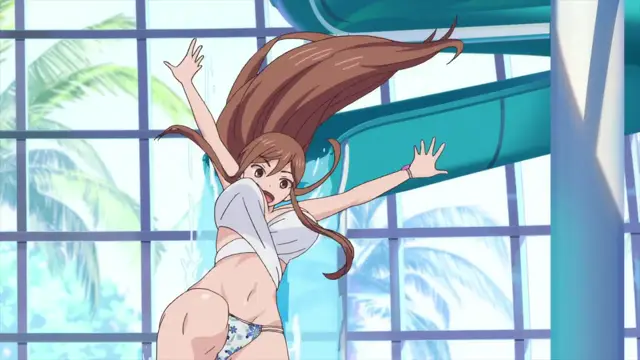 A brown-haired woman wearing a white bikini top and floral bottoms is depicted in an anime style as she slides down a blue water slide at an indoor pool, her arms outstretched and hair flying upwards as she makes a surprised expression. Screenshot from Overflow - Episode 8
