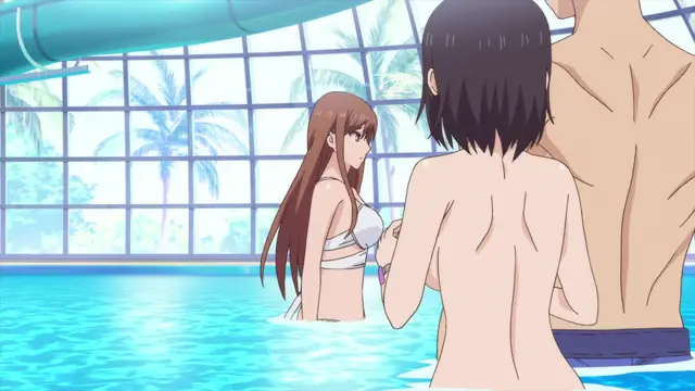 A girl with long brown hair and a white bikini top stands in a swimming pool, looking towards a boy and a large muscular man who are standing in the water with their backs to the camera. Screenshot from Overflow - Episode 8