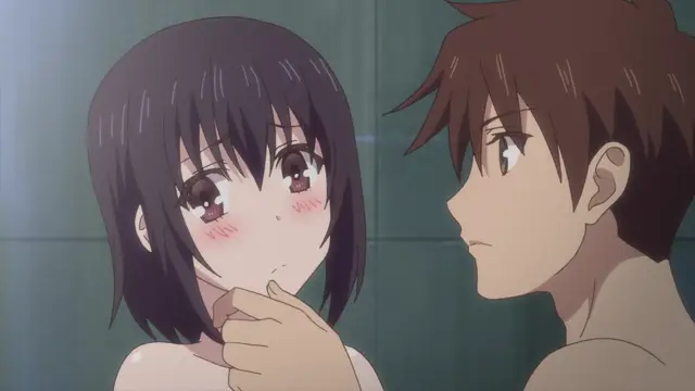 A blushing girl with short black hair looks nervously at a shirtless brown-haired boy in a bathroom. Screenshot from Overflow - Episode 8