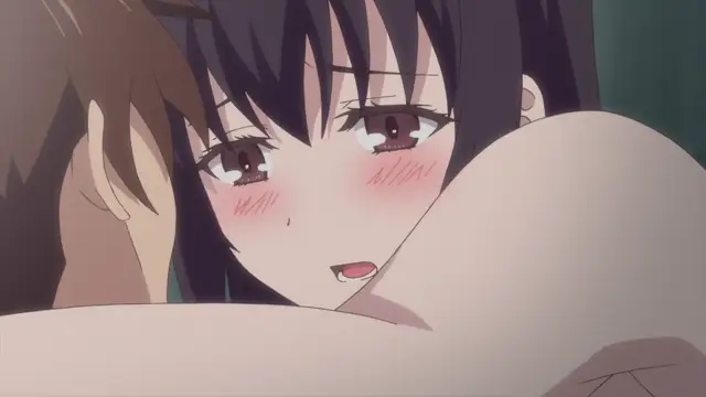 A blushing anime girl with dark hair and large eyes gazes intensely at the viewer while being held from behind by a male character. Screenshot from Overflow - Episode 8