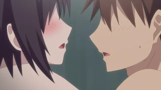 A blushing anime girl and a sweating anime boy with brown hair lean in close to each other's faces, their lips nearly touching. Screenshot from Overflow - Episode 8