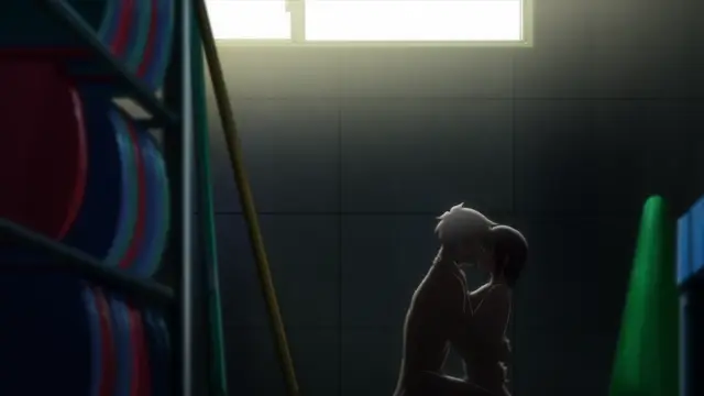 A silhouette of a male and female character are shown in an intimate pose, embracing and about to kiss in a dark room illuminated by a window in the background. Screenshot from Overflow - Episode 8