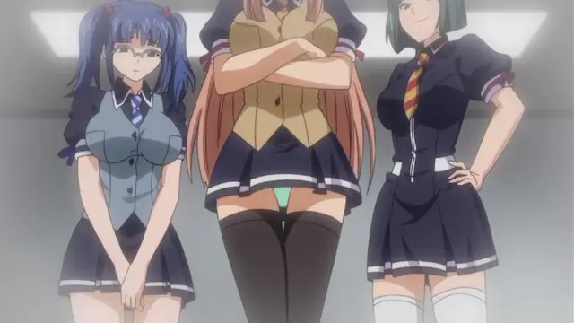 Three anime girls in school uniforms stand side-by-side in a room, with the girl in the center revealing her pussy underwear while making a serious expression. Screenshot from Otome Chibaku Yuugi - Episode 1
