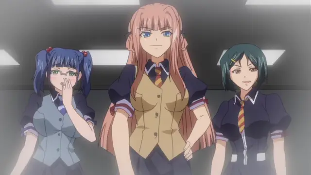 Three anime girls, including a blue-haired girl with twintails, a long-haired girl in a tan vest, and a short-haired green-haired girl, stand together in a school uniform. Screenshot from Otome Chibaku Yuugi - Episode 1