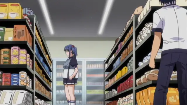 A girl with blue hair and a school uniform stands in a grocery store aisle while a man in a white shirt and blue pants stands with his back to the camera in the foreground. Screenshot from Otome Chibaku Yuugi - Episode 1