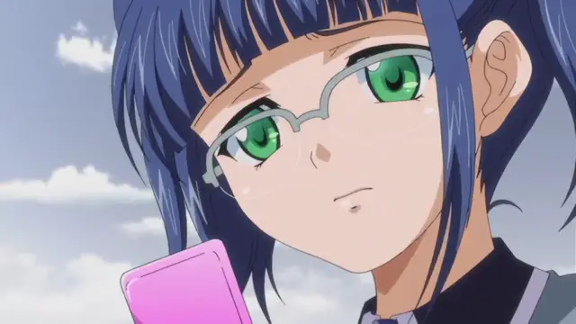 A close-up shot of an anime girl with blue hair and glasses looks down at a pink smartphone with a subtle blush on her face. Screenshot from Otome Chibaku Yuugi - Episode 1
