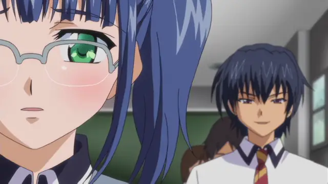 A close-up of an anime girl with long blue hair and glasses blushing as she looks towards a male student with dark hair and a smirk in a classroom. Screenshot from Otome Chibaku Yuugi - Episode 1