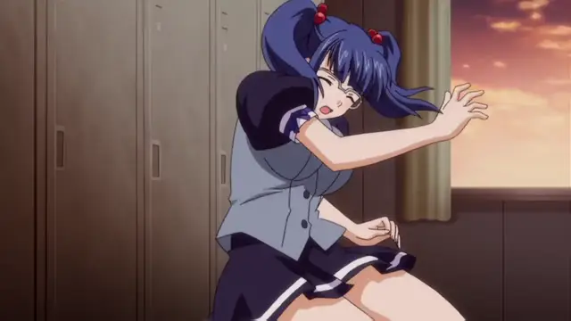 A blue-haired anime girl in a school uniform with twin tails leans forward toward the camera with a shocked expression, her hand outstretched as if reacting to something. Screenshot from Otome Chibaku Yuugi - Episode 1