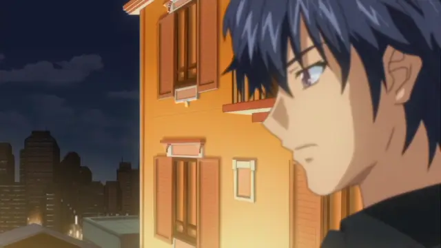 An anime man with dark blue hair looks out at a city skyline at night from an apartment building. Screenshot from Otome Chibaku Yuugi - Episode 1