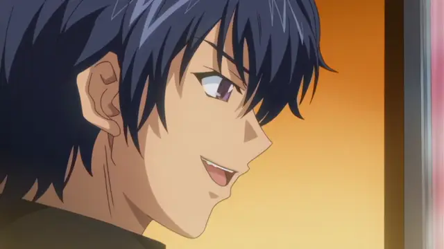 A young man with dark blue hair and a smirk on his face looks towards the right of the frame. Screenshot from Otome Chibaku Yuugi - Episode 1