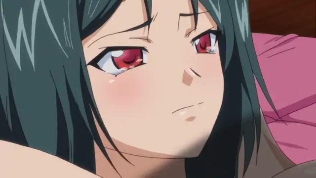 A close-up shot shows a blushing, tearful anime girl with long teal hair looking up with a pleading expression while lying on a pink pillow. Screenshot from Otome Chibaku Yuugi - Episode 1