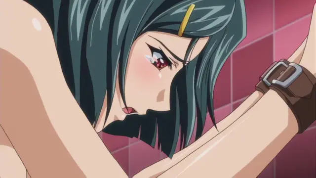 A close-up of a crying anime girl with blue hair, blushing and wearing a brown leather choker, leaning against a tiled wall. Screenshot from Otome Chibaku Yuugi - Episode 1