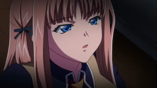 A close-up shot of an anime girl with light brown hair and blue eyes looking down with a blushing expression. Screenshot from Otome Chibaku Yuugi - Episode 2