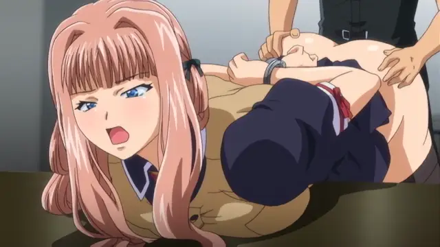 A pink-haired girl in a school uniform with her mouth open and blushing expression lies face-down on a table, bound at her wrists, while a man stands over her and grabs her breasts. Screenshot from Otome Chibaku Yuugi - Episode 2