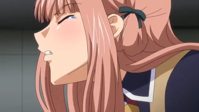 A blushing anime girl with long pink hair and a school uniform looks sideways with a strained facial expression, her teeth clenched. Screenshot from Otome Chibaku Yuugi - Episode 2
