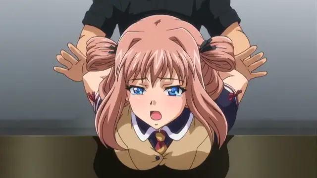 A pink-haired anime girl in a school uniform is pinned down and held from behind by a man while she has a shocked and distressed expression on her face. Screenshot from Otome Chibaku Yuugi - Episode 2