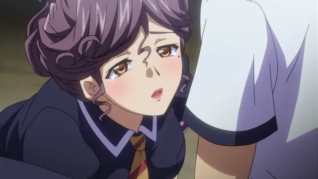A blushing anime girl with wavy purple hair and a school uniform looks up with a dazed, heavy-lidded expression at a man standing close to her. Screenshot from Otome Chibaku Yuugi - Episode 2