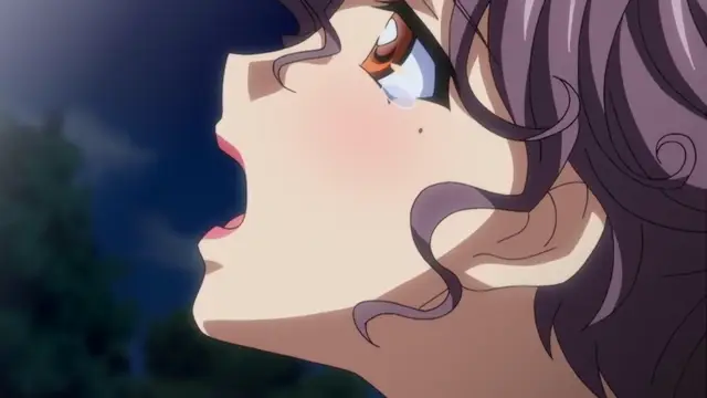 A close-up side profile of a crying anime girl with purple hair, her mouth slightly open and a single tear rolling down her cheek against a dark night background. Screenshot from Otome Chibaku Yuugi - Episode 2