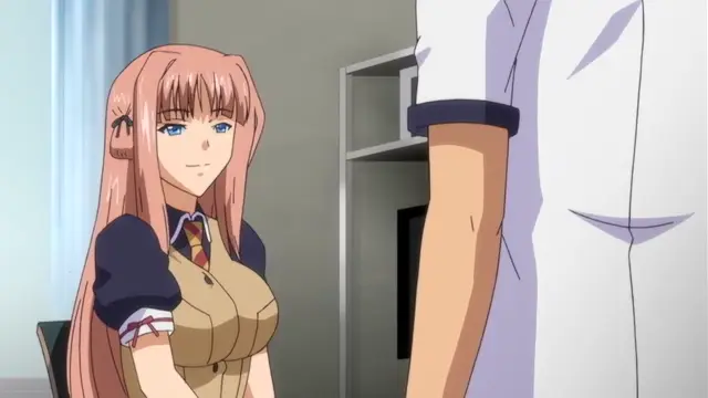 A pink-haired anime girl in a school uniform looks up with a surprised expression at a tall male character in a white shirt. Screenshot from Otome Chibaku Yuugi - Episode 2
