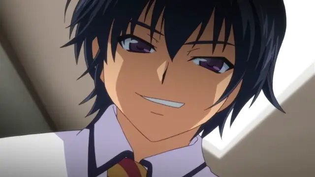 A male anime character with messy black hair and purple eyes smirks at the camera while wearing a school uniform. Screenshot from Otome Chibaku Yuugi - Episode 2