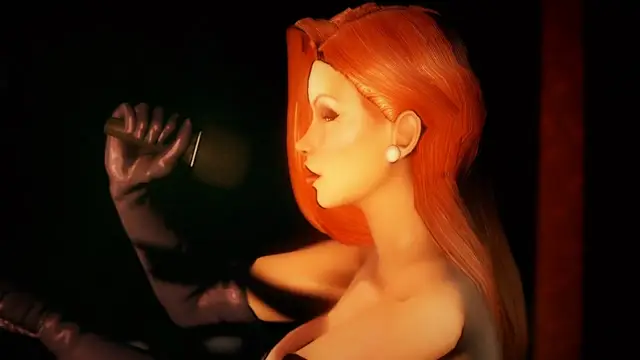 A woman with long red hair and a white pearl earring is shown in profile while another person's hand holds a glowing object near her face. Screenshot from Songbird's Shame