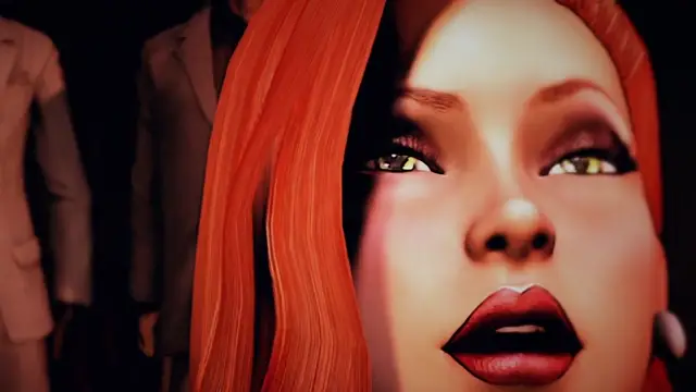 A close-up shot shows a woman with long orange hair and dark makeup looking forward with an open mouth, while a man in a suit stands behind her in the shadows. Screenshot from Songbird's Shame