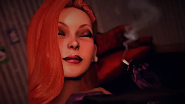 A close-up shot of a woman with long red hair, closed eyes, and a smoking cigarette nearby, lounging in a dimly lit room. Screenshot from Songbird's Shame